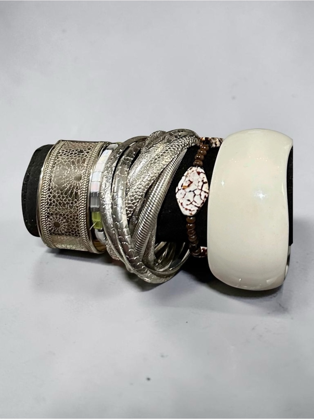 Curated Statement Bracelet Stack - Silver Mesh Cuffs, Wild Horse Stone